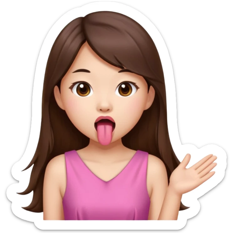 asian girl with long brown hair and fair skin wearing pink dress sticking tongue out sticker