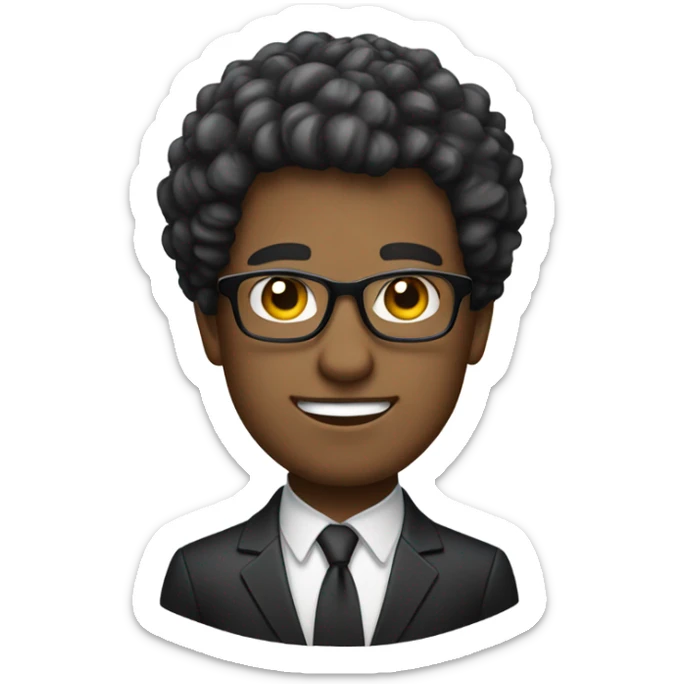 Create an emoji representation of a confident man with short curly hair, wearing glasses and a formal dark suit with a white shirt. The expression should be neutral yet professional, reflecting a determined and focused personality. sticker