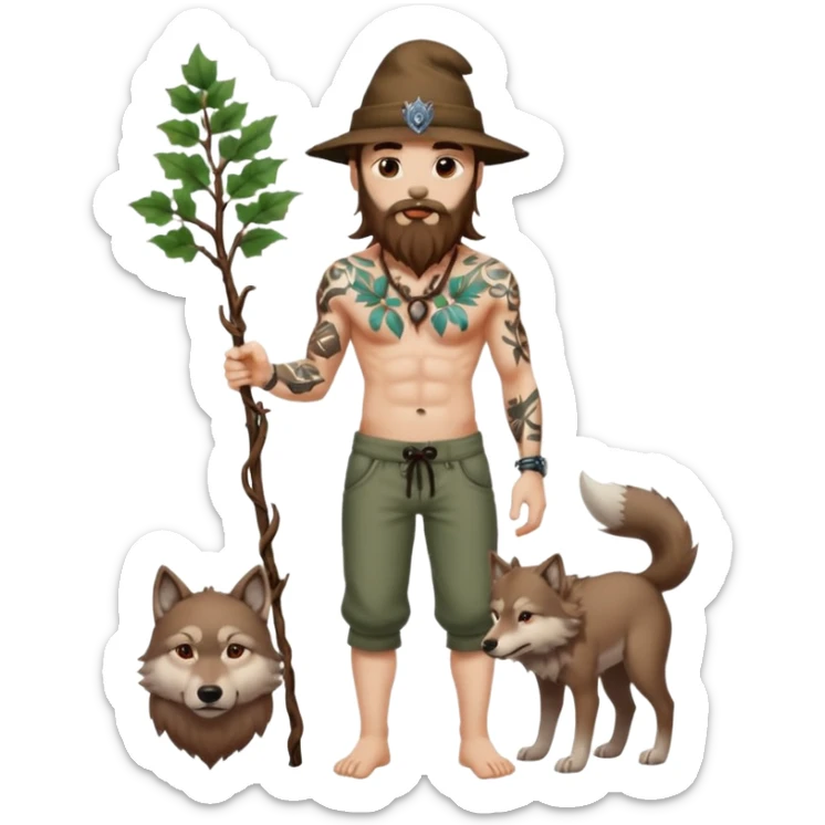 full body man long brown hair brown eyes medium beard white skin shirtless with vine tattoos and wolf hat sticker