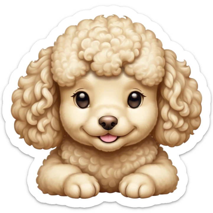 Meme-Worthy Cute Sleeping Cream Poodle Portrait Emoji, Head resting peacefully with a contented smile, showcasing a delightfully elegant build and a luxuriously soft, curly cream Fur, eyes shut in a serene nap, Simplified yet hilariously adorable features, highly detailed, glowing with a soft, drowsy light, high shine, relaxed and utterly lovable, stylized with an air of playful laziness, bright and heartwarming, soft glowing outline, capturing the essence of a comically sleepy companion, so meme-worthy it feels like it could instantly become the next viral sensation of adorable slumber! sticker