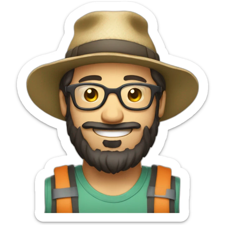 happy smile gardener face long dark beard and very short dark hair with little transparent glasses and a hat sticker