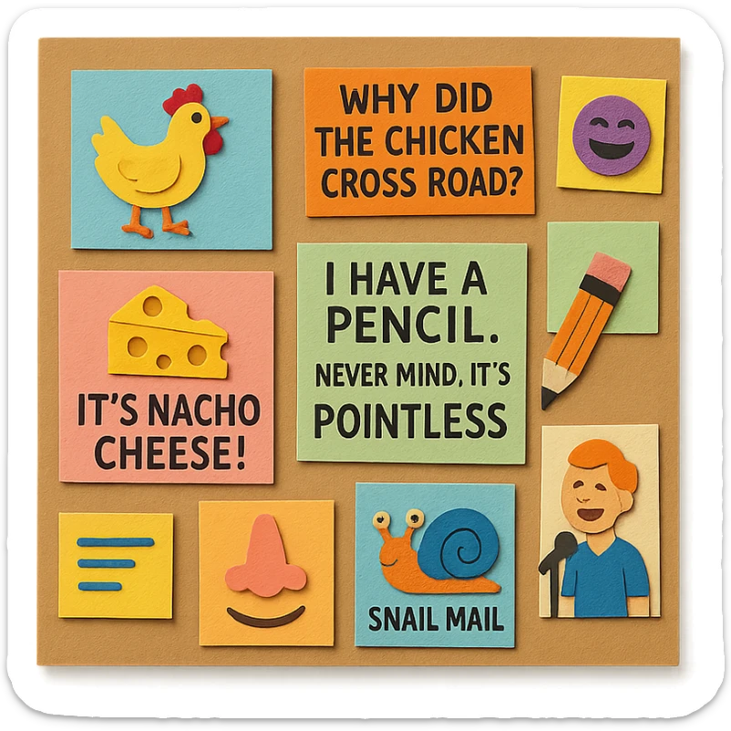paper craft style wall of jokes, a detailed paper craft style scene of a wall covered with various humorous illustrations and jokes sticker