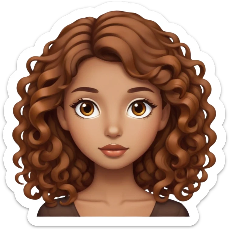 brown hair girl, caramel skin, skinny, full lips, brown eyes, long lashes, 3a hair, neat curly hair sticker