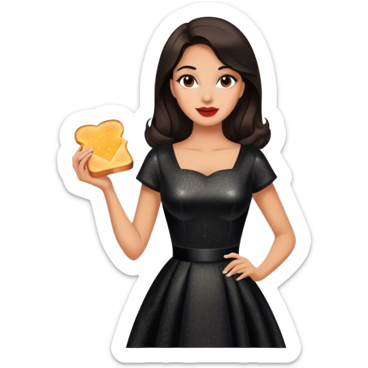 Beautiful woman in 1950’s woman fashion look, black shimmery dress, long dark brown hair, grilled cheese sandwiche sticker