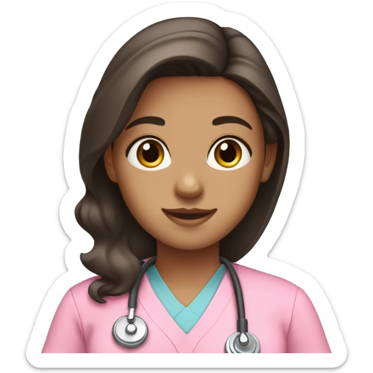 girl with middle part and dark brown hair in pink scrubs sticker