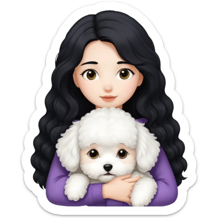 A girl with long straight black hair hugs a white curly-haired Bichon Frise puppy sticker