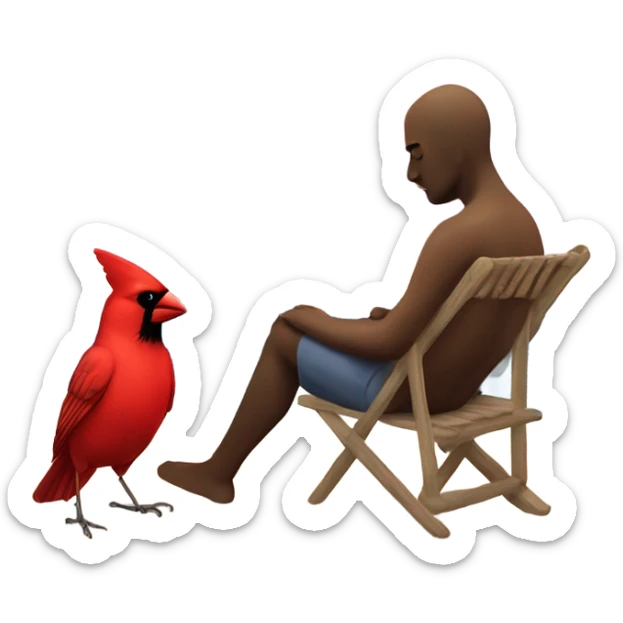 Create a picture of a person and a cardinal that are sad from grief sitting on beach with palm trees during a sunset sticker
