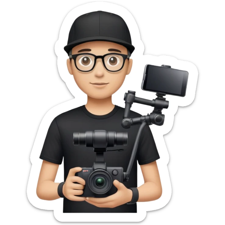 A videographer with a dji steadicam and a Sony camera, wearing a black T-shirt and a black cap. He also has thin-rimmed glasses. sticker