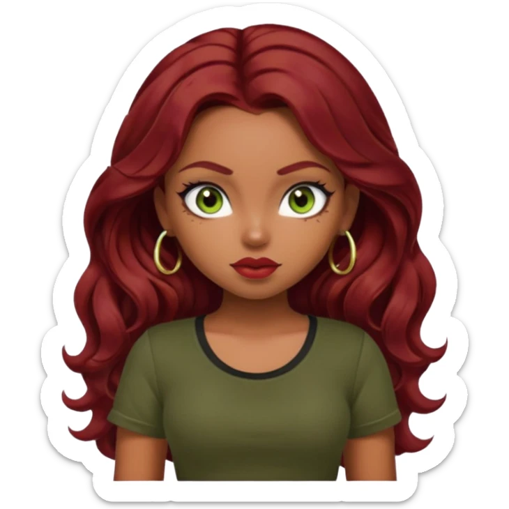 a pretty fair bratz girl with wavy dark red hair, wearing a black tee. eyeliner on, olive green eyes. Till stomach sticker