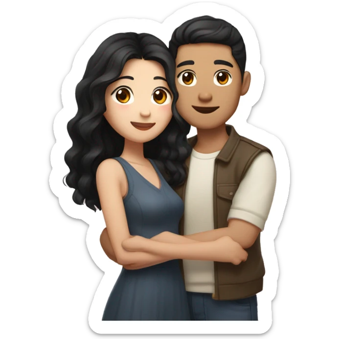 A half pale Asian man with short dark hair and amber eyes embracing and loving a half Asian woman with long wavy dark hair and dark hazel eyes. They love each other a lot And have good fashion taste. And are having a lot of fun sticker