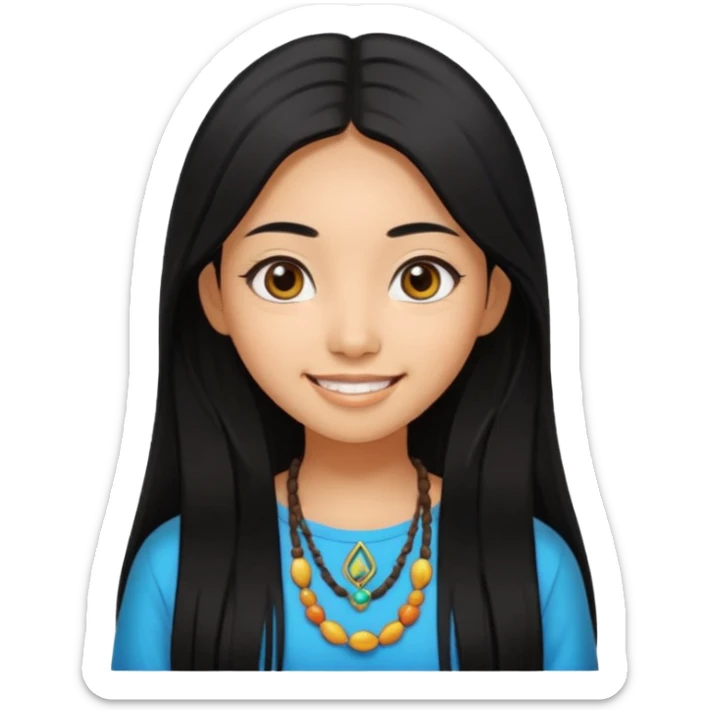 20 yr old asian woman hair  center part big eyes big smile tanned skin straight black hair hippie part hair  sticker