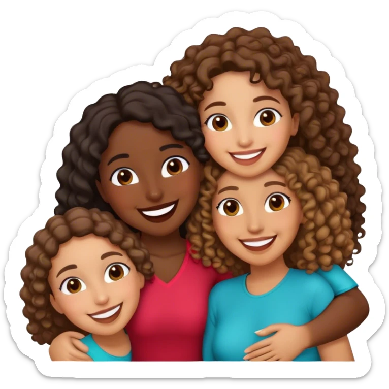 “Emoji of three happy and close friends: a Dominican with dark skin and curly hair, a Spanish woman with light skin and straight brown hair, and a Moroccan woman with tanned skin and loose dark hair.” sticker