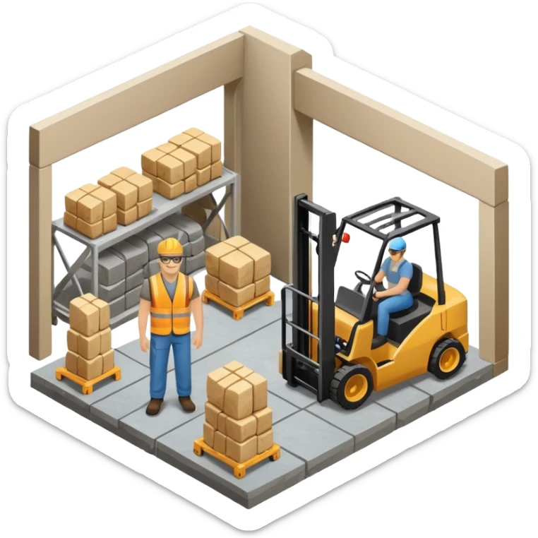 cnc machien curtting stone slab standing in a warehouse with human personelle and forklift isometric view sticker