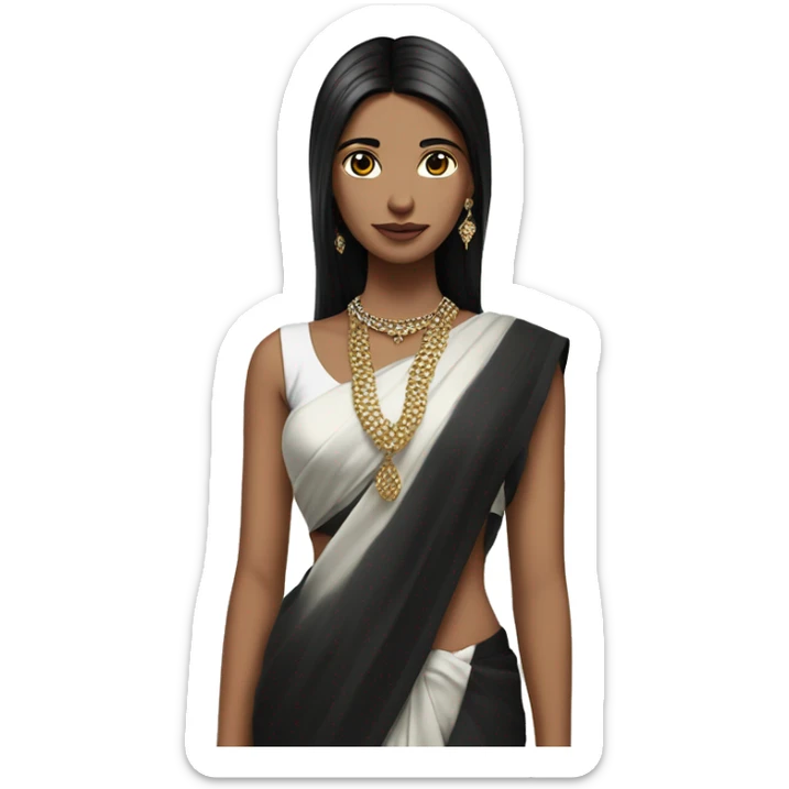 hair straight, black hair, white face colour, slender face, wearing a trendy saree and accessories, full body, sharp jawline, edgy sticker