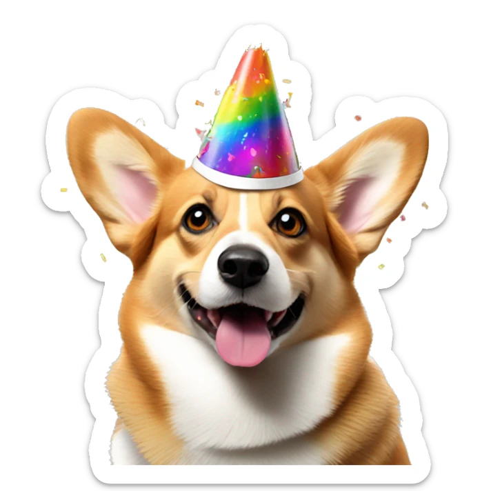 a corgi dog celebrating with a lot of colorful confetti around  it and a birthday hat sticker