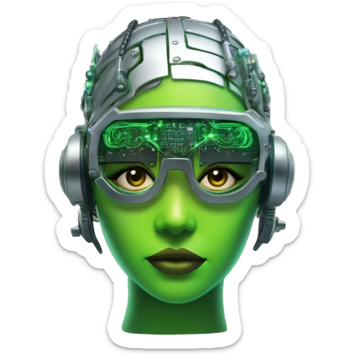 Neon green bobbed hair Latina female cyborg head with silver steampunk goggles and circuits sticker