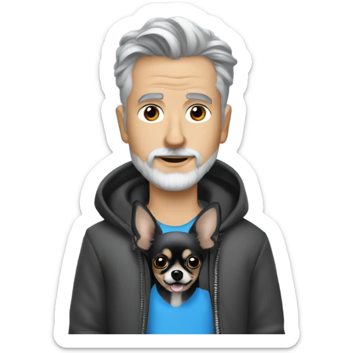 man blue eyes gray hair gray goatee ball cap holding black longhair chihuahua  sticker