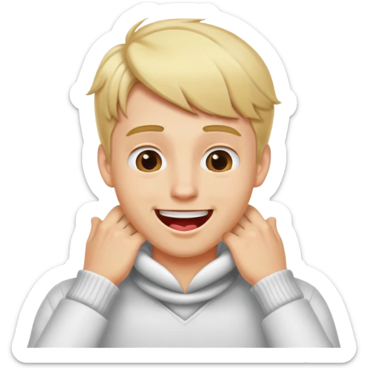 A blond guy with his hands in his neck and his tounge out with a smile  sticker