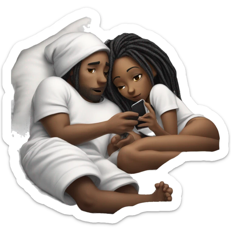 A back boy with dreads and a black girl with a bonnet on, on her phone white there both laying down on a bed and he’s under the covers and she’s on her phone sticker