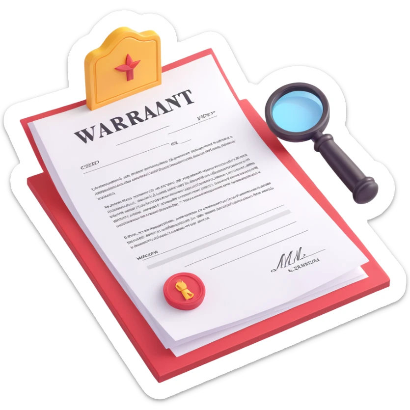 Make the paper of the 3D legal document icon more white, keeping the 'WARRANT' at the top, body text, signature, and stamp at the bottom. Maintain the 3D, icon-like style with bright lighting and transparent background. sticker