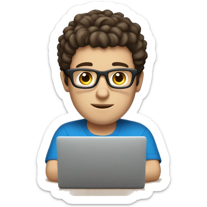 white guy dark brown hair and square glasses typing in laptop wearing blue shirt sticker