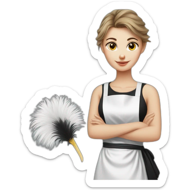 Slavic girl in a white T-shirt and a black apron holds ostrich feathers for dusting sticker