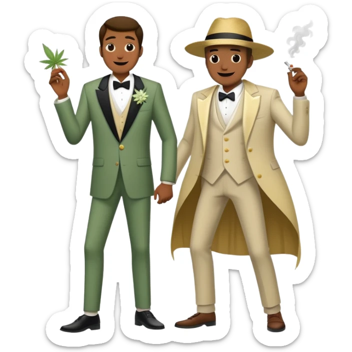 Full body view of person in fancy clothes sneaking into a wedding ceremony with a mischievous grin, uninvited guest, smoking cannabis sticker