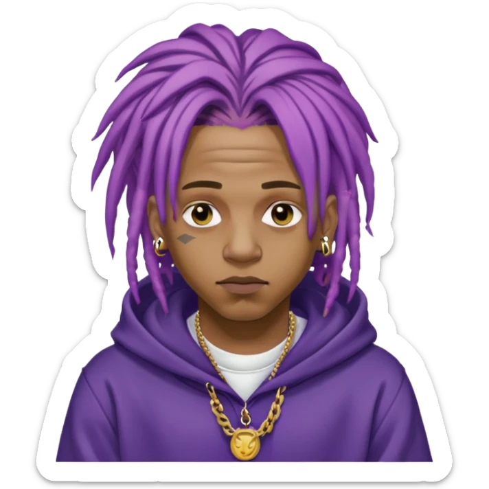 Juice WRLD with purple dreadlocks, 999 tattoo, gold chain, and hoodie sticker