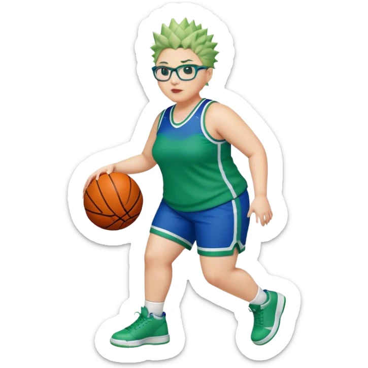 FULL BODY PLUS SIZE  WHITE Vwomen with short hair SPIKEY HAIR and glasses playing basketball IN BLUE AND GREE UNIFORM NO WRITING sticker