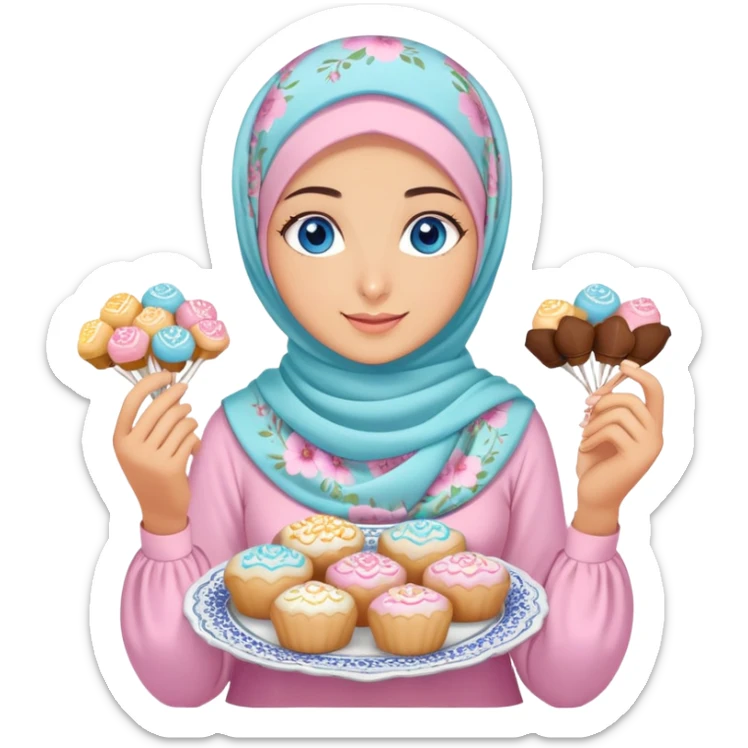 Turkish beautiful finish Konya girl blue eyes with pastel floral hijab islamic dress and had on her hand text Eid Mubarak with sweets and celebrating with her friends eid days   sticker
