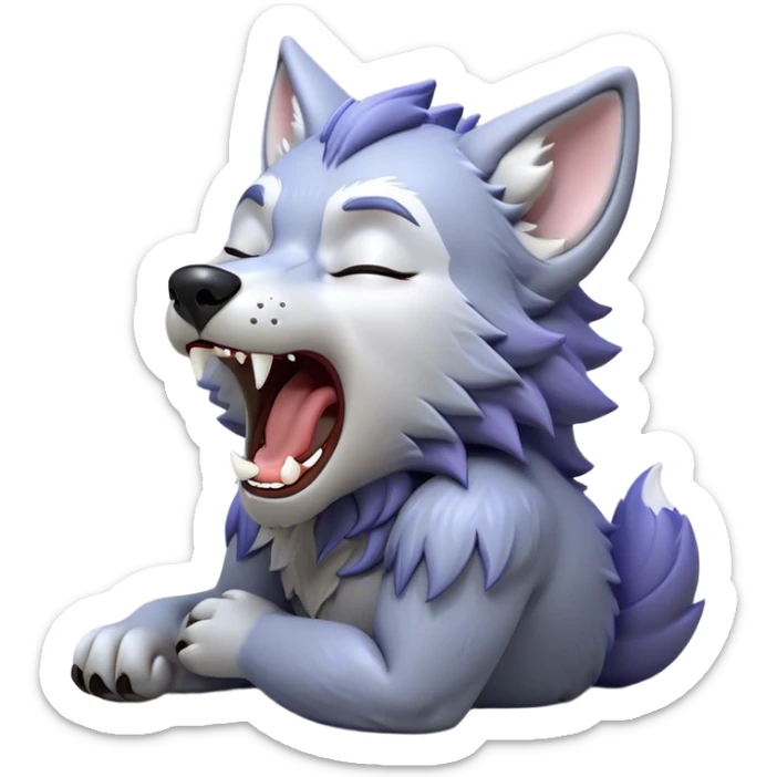 Cinematic Cute Yawning Werewolf Portrait Emoji, with a cuddly, miniature lupine form in soft moonlit grays and silvers, head leaning back in a big, adorable yawn that reveals a few fuzzy teeth, simplified yet irresistibly charming, highly detailed with a soft glowing outline that captures the drowsy, playful essence of a werewolf mid-nap! sticker