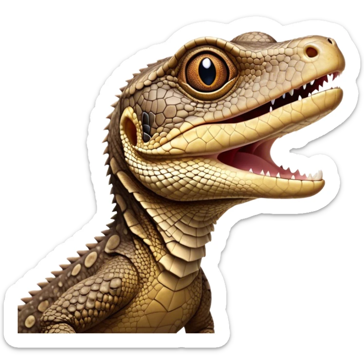 Cinematic Comical brown camo spotted monitor Lizard Portrait Emoji, Head tilted dramatically with an exaggeratedly shocked expression, featuring a robust, patterned body with wide, comically expressive eyes full of humorous disbelief, Simplified yet hilariously expressive features, highly detailed, glowing with a slightly sassy glow, high shine, dramatic yet playful, stylized with an air of quirky reptilian attitude, soft glowing outline, capturing the essence of a meme-worthy brown camo spotted monitor lizard that looks ready to side-eye its way into viral fame! sticker