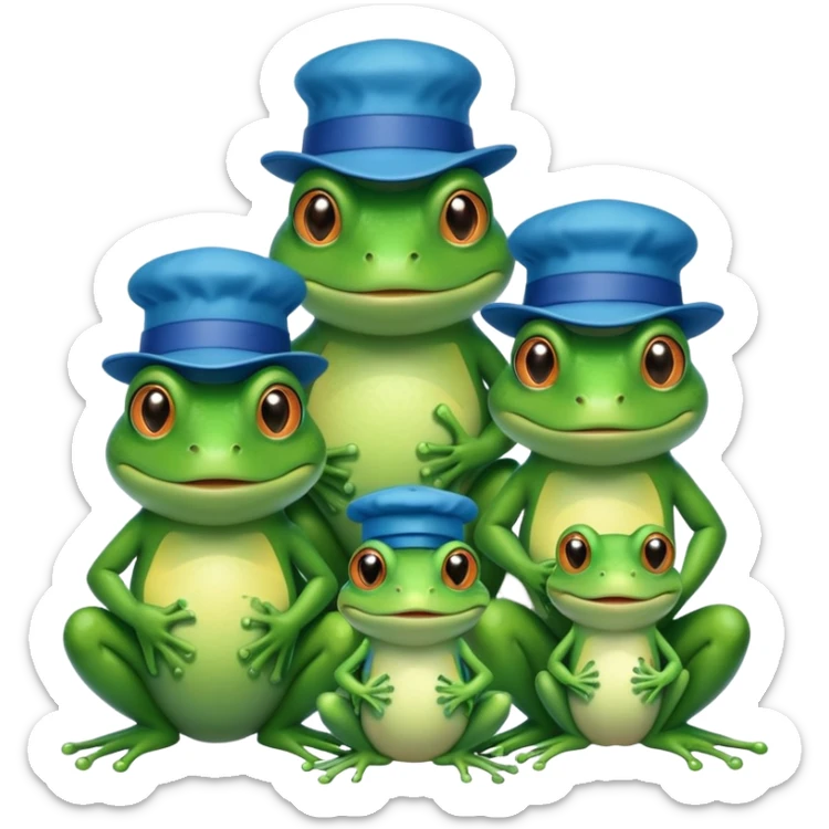 a family of frogs wearing blue hats, parent frogs and baby frogs sticker