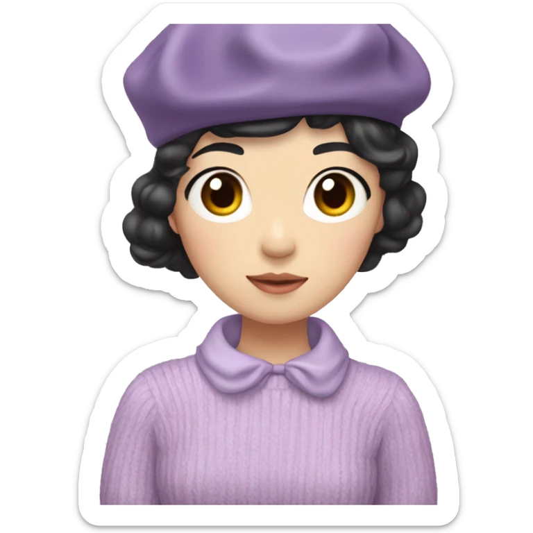 korean girl short black hair sharp jawline, attractive wearing a lilac sweater and beret and bow sticker