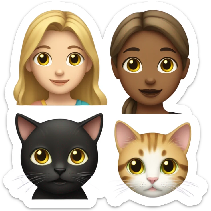 A hazel-eyed girl with light brown, medium-length hair is holding a black cat with yellow eyes, a tabby cat with green eyes, and a yellow tabby cat with yellow eyes. sticker