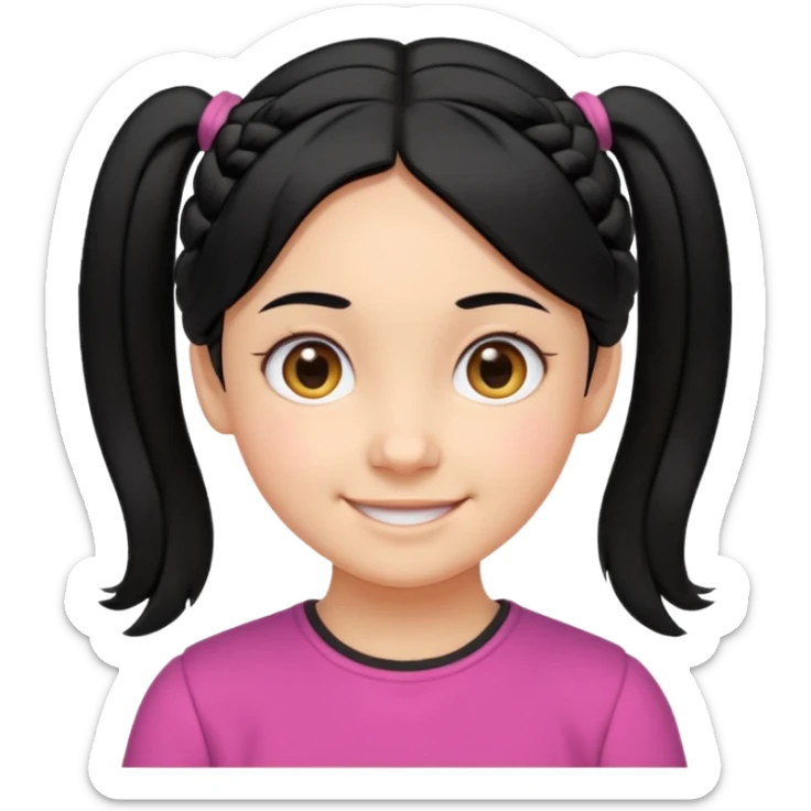 smiling girl with black hair parted in the middle tied into two small side pigtails, round eyes, cheerful expression, soft cartoon-like facial features, head and upper shoulders, clean lines, minimal white background, vibrant and simple emoji style sticker