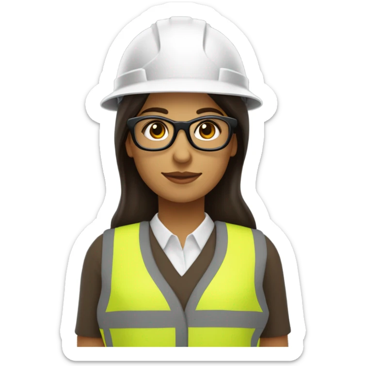 Mujer ingeniera,latina, con chaleco reflejante ,casco blanco de seguridad, lentes negros; cabello café oscuro y lacio hasta el hombro  sticker