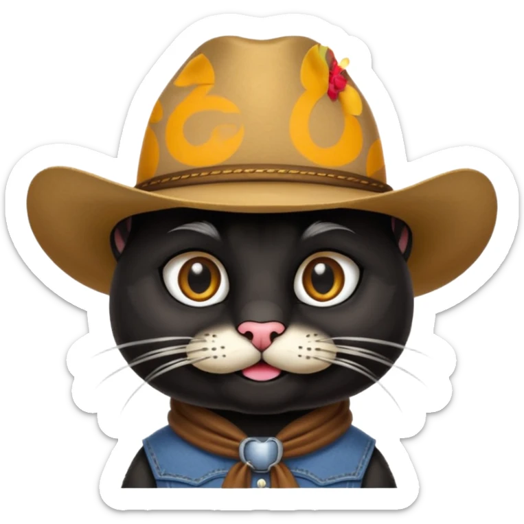 combine the cowboy empjis with a bclack cat emoji and make it have a black thick moustache over the cat wiskers sticker