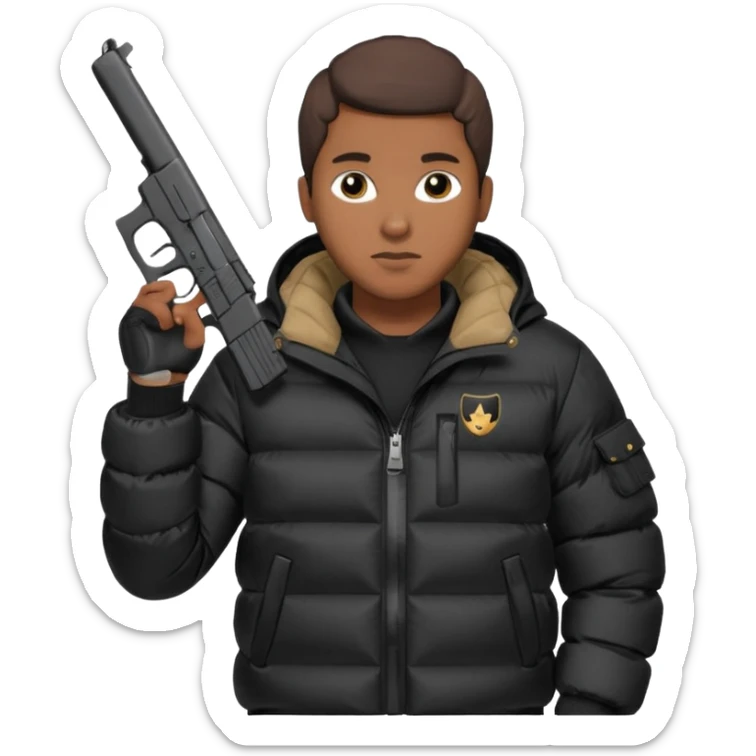 african american wearing a black puffer jacket with the hood on and holding a glock 26 sticker
