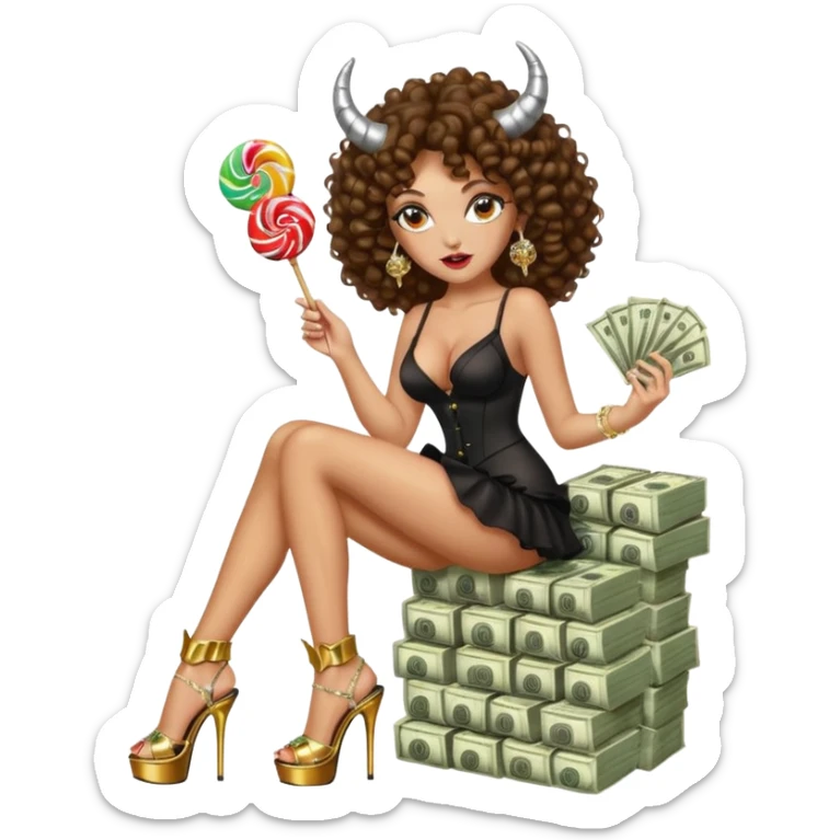 seductress evil brown curly haired sexy drug lord woman with clear glittery platform heels on her feet and horns on her head, holding a stack of cash and a lollipop in her mouth sticker