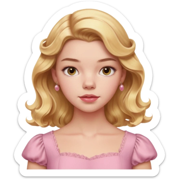 Cinematic Realistic Anya Taylor Joy Portrait, depicted with lifelike skin texture, subtle rosy undertones, and soft natural lighting that enhances the sweet blush contours of her face. Her intricately detailed golden blonde hair is elegantly wavy, and pink dress corquette sticker
