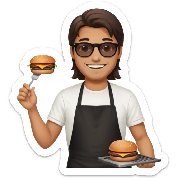 long hair man grilling wearing shade smiling in a white tshirt and a black apron grilling burger and meat on a sizzling grill sticker