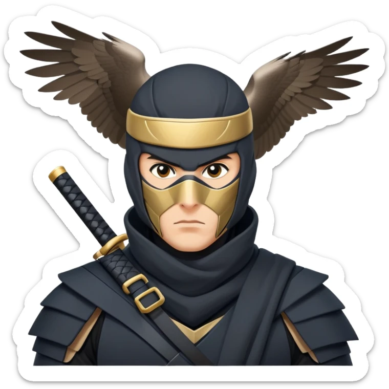 clash-of-clans-aesthetic_-cinematic-mysterious-male-ninja-portrait-emoji, rendered in a flat, vector-style with minimal shading and bold, simplified shapes, with a head slightly turned revealing intense, focused eyes. the ninja has his arm out and perched on top of it is  a peregrin falcon  sticker