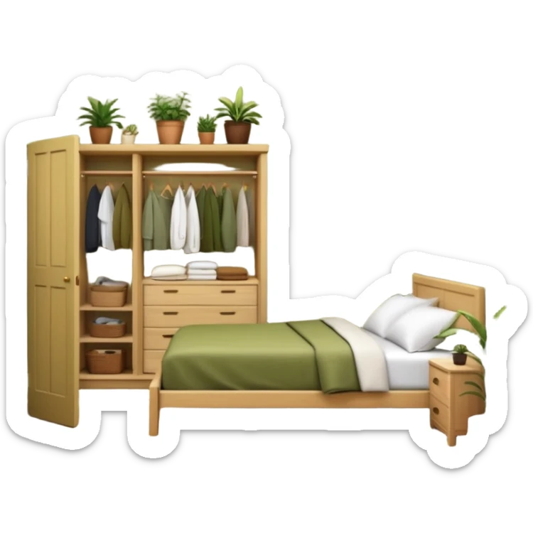 Organizing bedroom with olive green walls, wood bed, plants around, and wood closet sticker