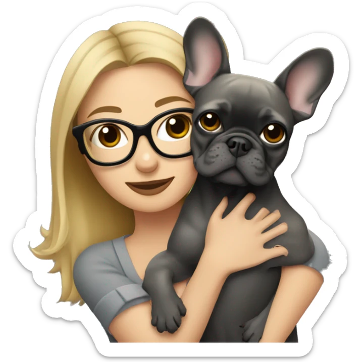 dark blonde woman with glasses hugging dark gray french bulldog sticker