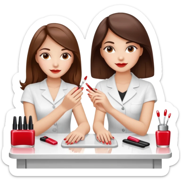 A realistic illustration of a girl with medium-length thick brown hair sitting at a manicure table. Another girl is carefully doing her nails, using professional manicure tools. Soft natural lighting, clean salon environment, detailed hands and nail work, warm and pleasant atmosphere. sticker