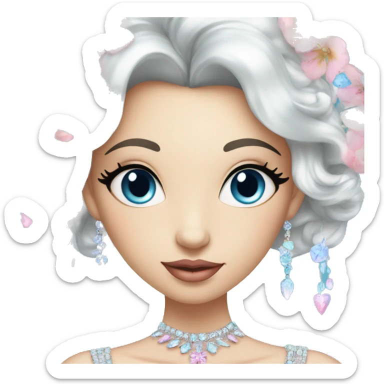 Gorgeous pastel Lady with blue eyes in a sparkly shiny dress with tiara and necklace and flowers behind her and trending  sticker