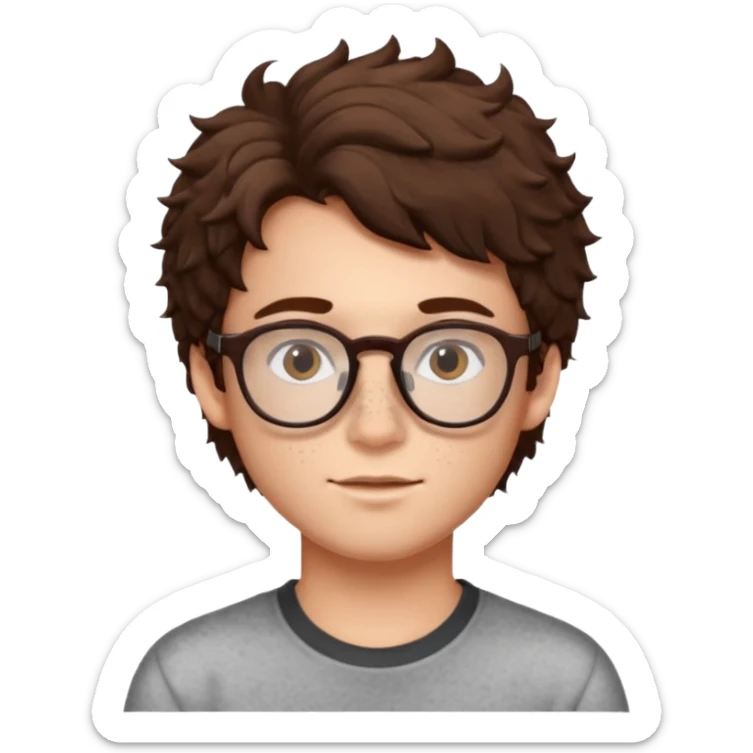 brunette fluffly hair boy with freckles and brown eyes glasses handsome sticker