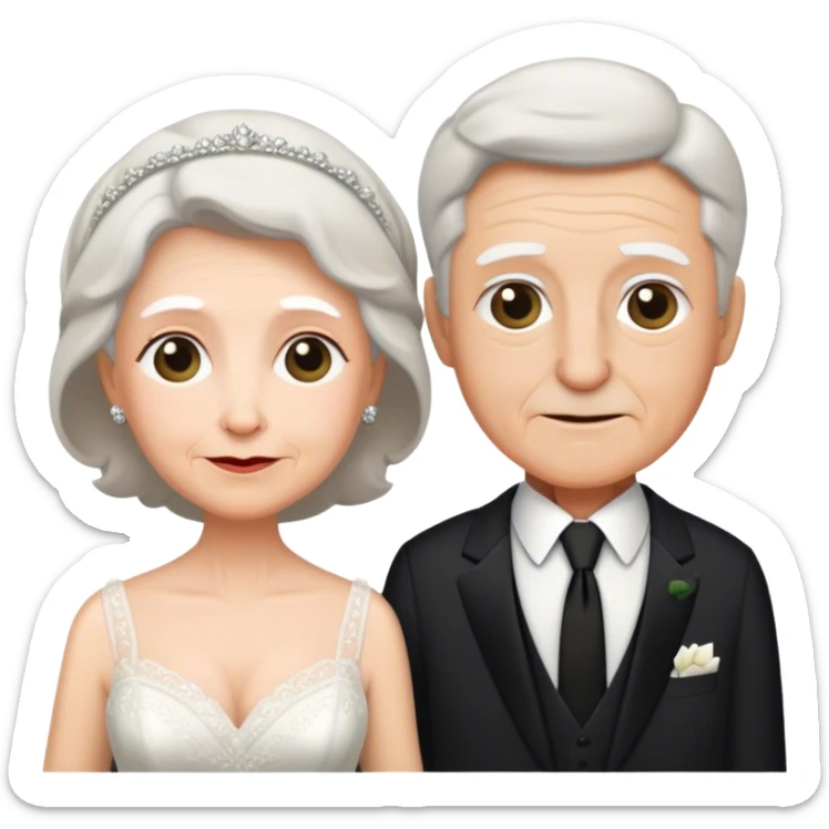 A grandmother wearing her own wedding dress and her husband is wearing a black tie  sticker