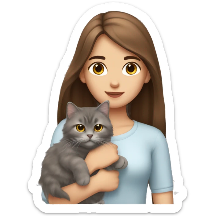  Chestnut brown straight hair girl holding fluffy Siberian gray cat  sticker